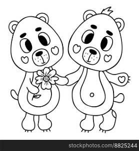 Cute pair in love bears with flower. Vector illustration in doodle style. Funny cute animal characters. Outline drawing
