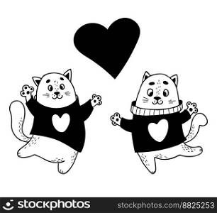 Cute pair Loving cats with big heart. Vector illustration in doodle style. For design, decor, print, Valentines card