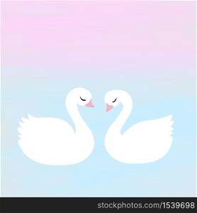 Cute pair of white swans in love on watercolour pastel background. Love, tenderness concept. Beautiful template with empty copy space. Vector illustration.