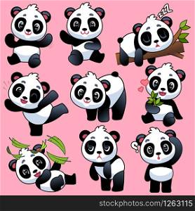 Cute panda. Adorable little asian bears in different poses, sleeping and playing, eating bamboo, funny pandas in jungle vector sweet animal characters. Cute panda. Adorable little asian bears in different poses, sleeping and playing, eating bamboo, funny pandas in jungle vector characters