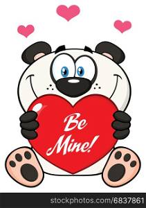 Cute Panda Bear Cartoon Mascot Character Holding A Valentine Love Heart With Text Be Me. Illustration Isolated On White Background