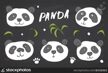 Cute Panda bear Doodles Set. Cute Animals sketch. Hand drawn Cartoon Vector illustration on chalkboard background.. Cute Panda bear Doodles Set. Cute Animals sketch. Hand drawn Cartoon Vector illustration on chalkboard background
