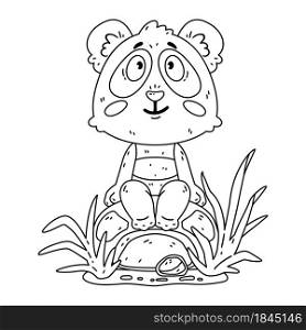 Cute panda bear sitting on the rock. Kawaii animal zoo vector. Vector illustration for coloring page.