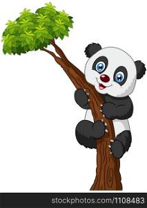 Cute panda cartoon climbing tree