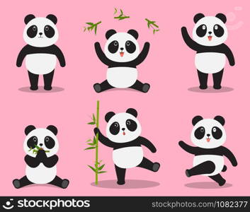 Cute panda cartoon vector set in different emotion isolated on pink background - Vector illustration