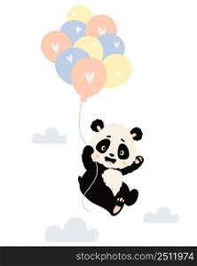 Cute panda character is flying on balloons with clouds and waving his paw. Vector illustration. Cute animal in scandinavian style for nursery and posters, nursery collection, design, decor and print