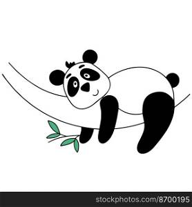 Cute panda character. Panda lies on tree isolated vector illustration. Black and white bear resting. Panda with bamboo symbol china. Cute panda character lies on tree isolated vector illustration