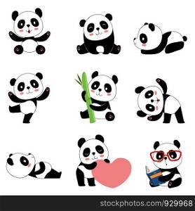 Cute panda characters. Chinese bear newborn happy pandas toy vector mascot design isolated. Illustration of panda toy, bear animal black white. Cute panda characters. Chinese bear newborn happy pandas toy vector mascot design isolated