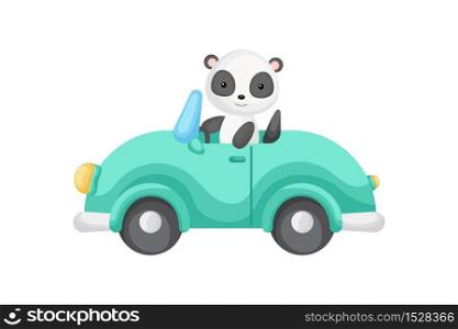 Cute panda driver on car. Graphic element for childrens book, album, scrapbook, postcard or mobile game. Flat vector illustration isolated on white background.