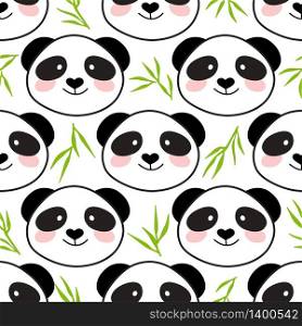 Cute panda face and bamboo leaves on white background. Seamless cartoon wallpaper for clothing, textile, wallpapers, scrapbooking. Vector illustration.. Cute panda face. Seamless cartoon wallpaper