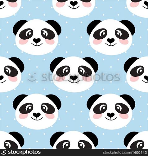 Cute panda face on blue white polka dot background. Seamless cartoon wallpaper for clothing, textile, wallpapers, scrapbooking. Vector illustration.. Cute panda face. Seamless cartoon wallpaper