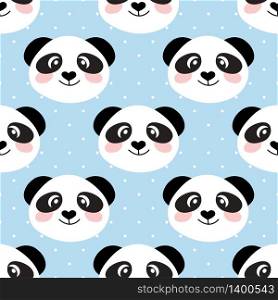 Cute panda face on blue white polka dot background. Seamless cartoon wallpaper for clothing, textile, wallpapers, scrapbooking. Vector illustration.. Cute panda face. Seamless cartoon wallpaper