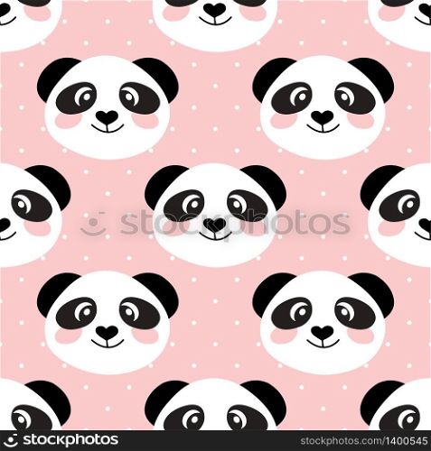 Cute panda face on pink and white polka dot background. Seamless cartoon wallpaper for clothing, textile, wallpapers, scrapbooking. Vector illustration.. Cute panda face. Seamless cartoon wallpaper