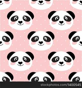 Cute panda face on pink and white polka dot background. Seamless cartoon wallpaper for clothing, textile, wallpapers, scrapbooking. Vector illustration.. Cute panda face. Seamless cartoon wallpaper