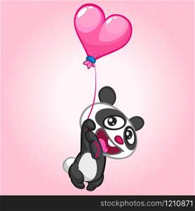 Cute panda flying on heard-shaped balloon. Vector character on St Valentines Day