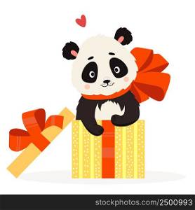 Cute panda in gift box with big red bow. Vector illustration. Cute animal for greeting cards, childrens collection, printing, design and decor