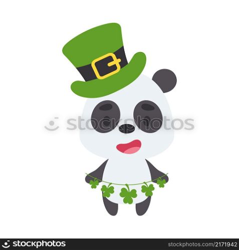 Cute panda in St. Patrick&rsquo;s Day leprechaun hat holds shamrocks. Irish holiday folklore theme. Cartoon design for cards, decor, shirt, invitation. Vector stock illustration.