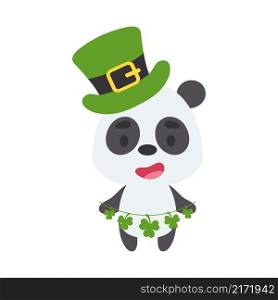 Cute panda in St. Patrick&rsquo;s Day leprechaun hat holds shamrocks. Irish holiday folklore theme. Cartoon design for cards, decor, shirt, invitation. Vector stock illustration.