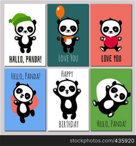 Cute panda kids vector invitation cards. Set of banner with panda animal illustration. Cute panda kids vector invitation cards