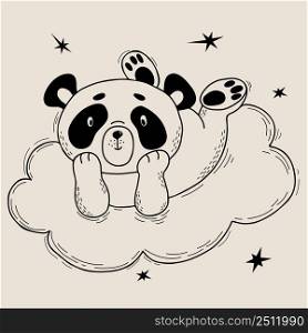 Cute panda lies on cloud. Vector illustration. Character - Cute animal. Linear hand drawing doodle for kids collection and postcards, design, decor and print