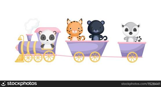 Cute panda, lynx, panther and lemur ride on train. Graphic element for childrens book, album, scrapbook, postcard or mobile game. Zoo theme. Flat vector illustration isolated on white background.