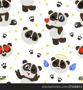 Cute panda pattern. Seamless print with funny baby Chinese bear mascot and bamboo leaves. Happy Asian animal character with love hearts and angel wings. Paw footprints and stars. Vector kids texture. Cute panda pattern. Seamless print with funny baby Chinese bear mascot and bamboo leaves. Asian animal character with love hearts and angel wings. Paw footprints and stars. Vector texture