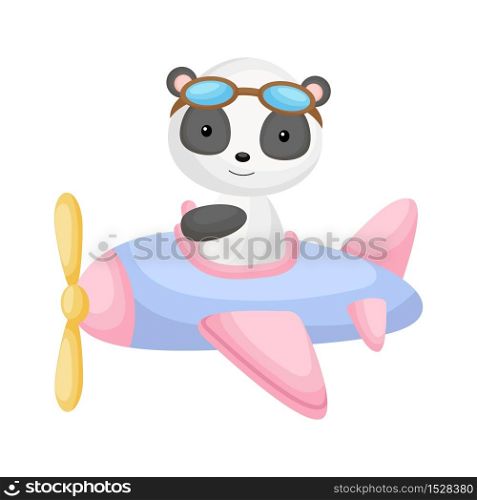 Cute panda pilot wearing aviator goggles flying an airplane. Graphic element for childrens book, album, scrapbook, postcard, mobile game. Flat vector stock illustration isolated on white background.