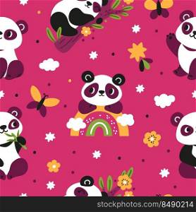 Cute panda seamless pattern. Funny little Chinese bears. Cartoon animal characters with rainbows and butterflies. Adorable mammals on eucalyptus branches. Asian fauna. Garish vector pink background. Cute panda seamless pattern. Funny little Chinese bears. Cartoon animal characters with rainbows and butterflies. Adorable mammals on eucalyptus branches. Garish vector pink background
