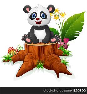 Cute panda sit on tree stump
