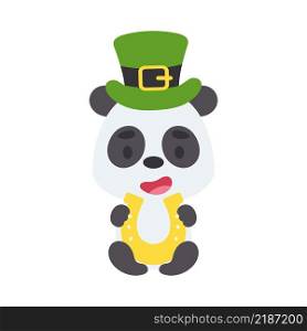 Cute panda St. Patrick&rsquo;s Day leprechaun hat holds horseshoe. Irish holiday folklore theme. Cartoon design for cards, decor, shirt, invitation. Vector stock illustration.