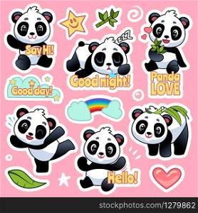 Cute panda stickers. Happy bears expression for emoji patches design, cool asian animals badges for kids vector pandas characters with heart and rainbow. Cute panda stickers. Happy bears expression for emoji patches design, cool asian animals badges for kids vector pandas characters