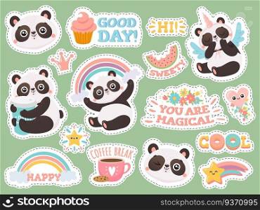 Cute panda stickers. Happy pandas patches, cool animals and winked panda sticker. Bear emotion doodle characters, kawaii comic emoji logo. Isolated vector illustration icons set. Cute panda stickers. Happy pandas patches, cool animals and winked panda sticker vector illustration set
