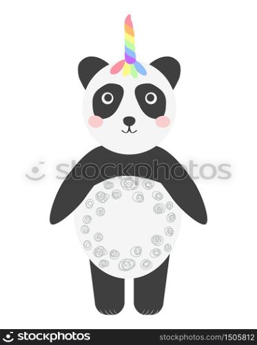Cute panda with a unicorn horn in the color of the rainbow. Pandacorn. illustration in the Scandinavian style.