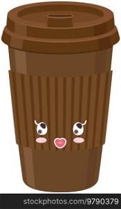 Cute paper cup coffee to go sticker kawaii icon vector design. Adorable cute charming hot drink in cup with positive emotions, japanese, oriental culture symbol anime, innocence and childishness. Cute paper cup coffee to go sticker kawaii icon. Hot drink with positive emotions japanese style