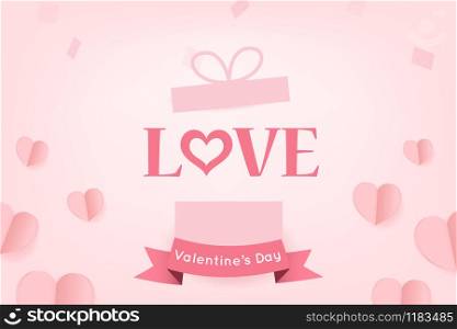 Cute Paper Hearts Float and Love text out of Gift box with ribbon on pink background. Vector Illustration, Valentine's Day Poster