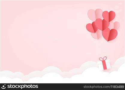 Cute Paper Hearts Float with Gift box on pink sky with cloud and copy space background. Vector Illustration, Valentine's Day Poster