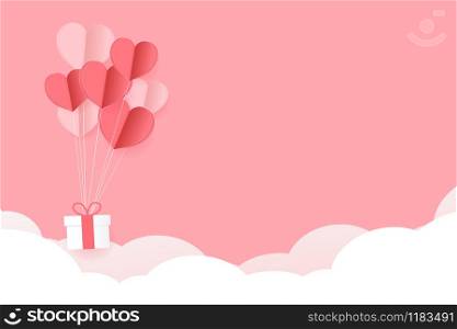 Cute Paper Hearts Float with Gift box on pink sky with cloud and copy space background. Vector Illustration, Valentine's Day Poster