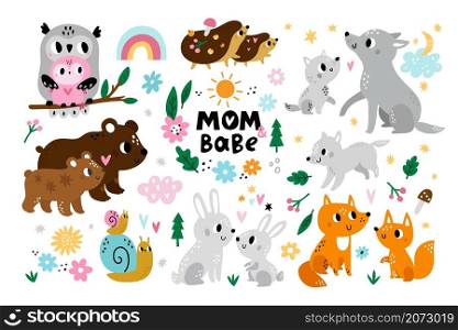 Cute parent and baby animals. Loving moms and cubs, forest animals and birds, hugging characters, wildlife mothers and kids, wild fauna families fox and bear, hedgehogs and wolves, vector cartoon set. Cute parent and baby animals. Loving moms and cubs, forest animals and birds, hugging characters, wildlife mothers and kids, wild fauna families fox and bear, hedgehogs and wolves vector set