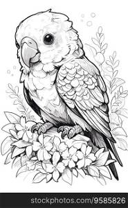 Cute Parrot for Kid's Coloring Page, Line Art, Clean and Simple