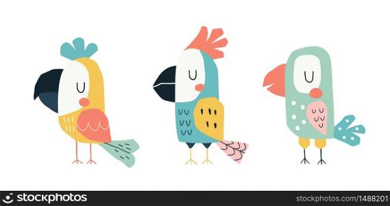 Cute parrots in a childish scandinavian style. Funny kids vector illustration, isolated on white. Cartoon hand drawn colorful set.