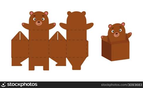 Cute party favor box bear design for sweets, candies, small presents. DIY package template for any purposes, birthdays, baby showers, Christmas. Print, cut out, fold, glue. Vector stock illustration.
