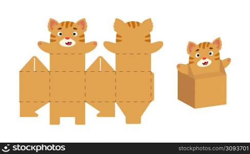 Cute party favor box cat design for sweets, candies, small presents. Package template for any purposes, birthdays, baby shower, Christmas. Print, cut out, fold, glue. Vector stock illustration