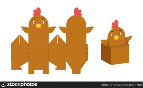Cute party favor box chicken design for sweets, candies, small presents. Package template for any purposes, birthdays, baby shower, Christmas. Print, cut out, fold, glue. Vector stock illustration