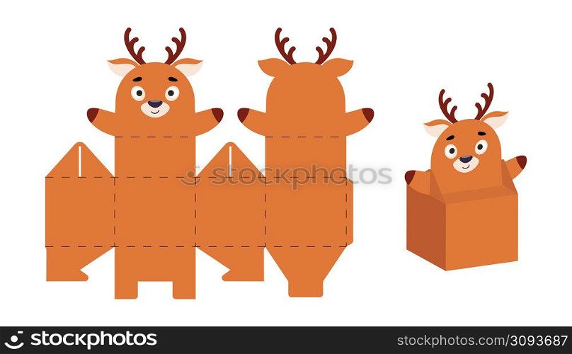 Cute party favor box deer design for sweets, candies, small presents. DIY package template for any purposes, birthdays, baby showers, Christmas. Print, cut out, fold, glue. Vector stock illustration.