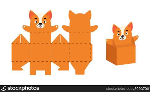 Cute party favor box dog design for sweets, candies, small presents. Package template for any purposes, birthdays, baby shower, Christmas. Print, cut out, fold, glue. Vector stock illustration