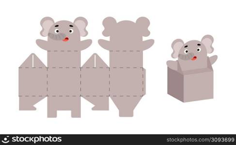 Cute party favor box elephant design for sweets, candies, small presents. Package template for any purposes, birthdays, baby shower, Christmas. Print, cut out, fold, glue. Vector stock illustration