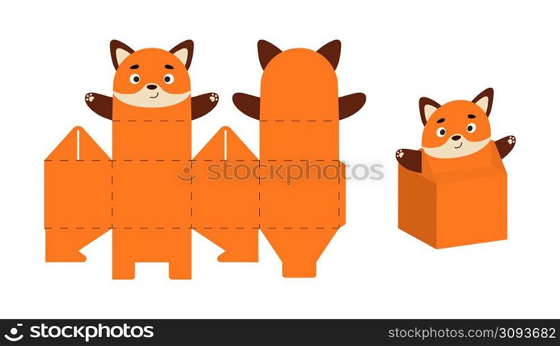 Cute party favor box fox design for sweets, candies, small presents. DIY package template for any purposes, birthdays, baby showers, Christmas. Print, cut out, fold, glue. Vector stock illustration.