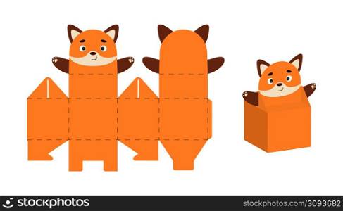 Cute party favor box fox design for sweets, candies, small presents. DIY package template for any purposes, birthdays, baby showers, Christmas. Print, cut out, fold, glue. Vector stock illustration.