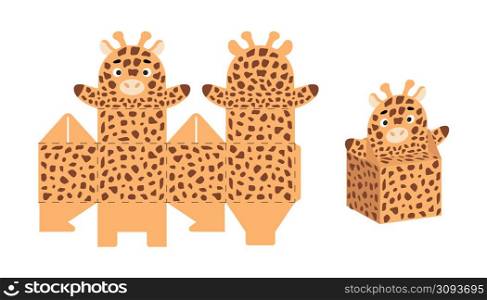 Cute party favor box giraffe design for sweets, candies, small presents. Package template for any purposes, birthdays, baby shower, Christmas. Print, cut out, fold, glue. Vector stock illustration