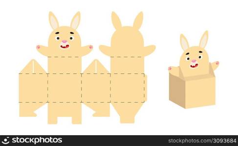 Cute party favor box hare design for sweets, candies, small presents. DIY package template for any purposes, birthdays, baby showers, Christmas. Print, cut out, fold, glue. Vector stock illustration.